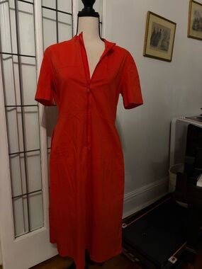 Bold Orange-Red Zip-Front Short Sleeve Midi Dress